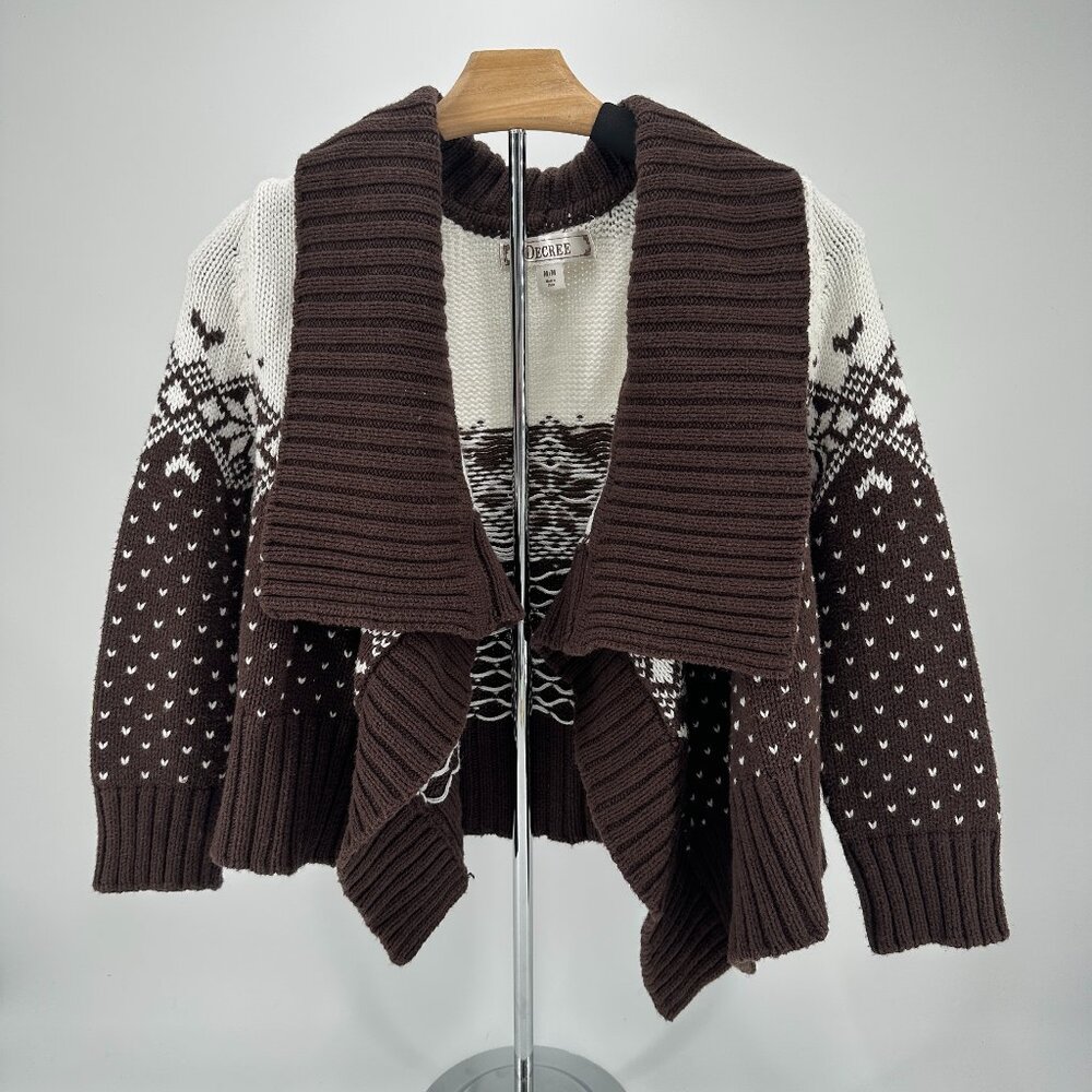 Decree Women's Brown White Fair Isle Knit Cardigan Sweater Shawl‎ Cozy Size M